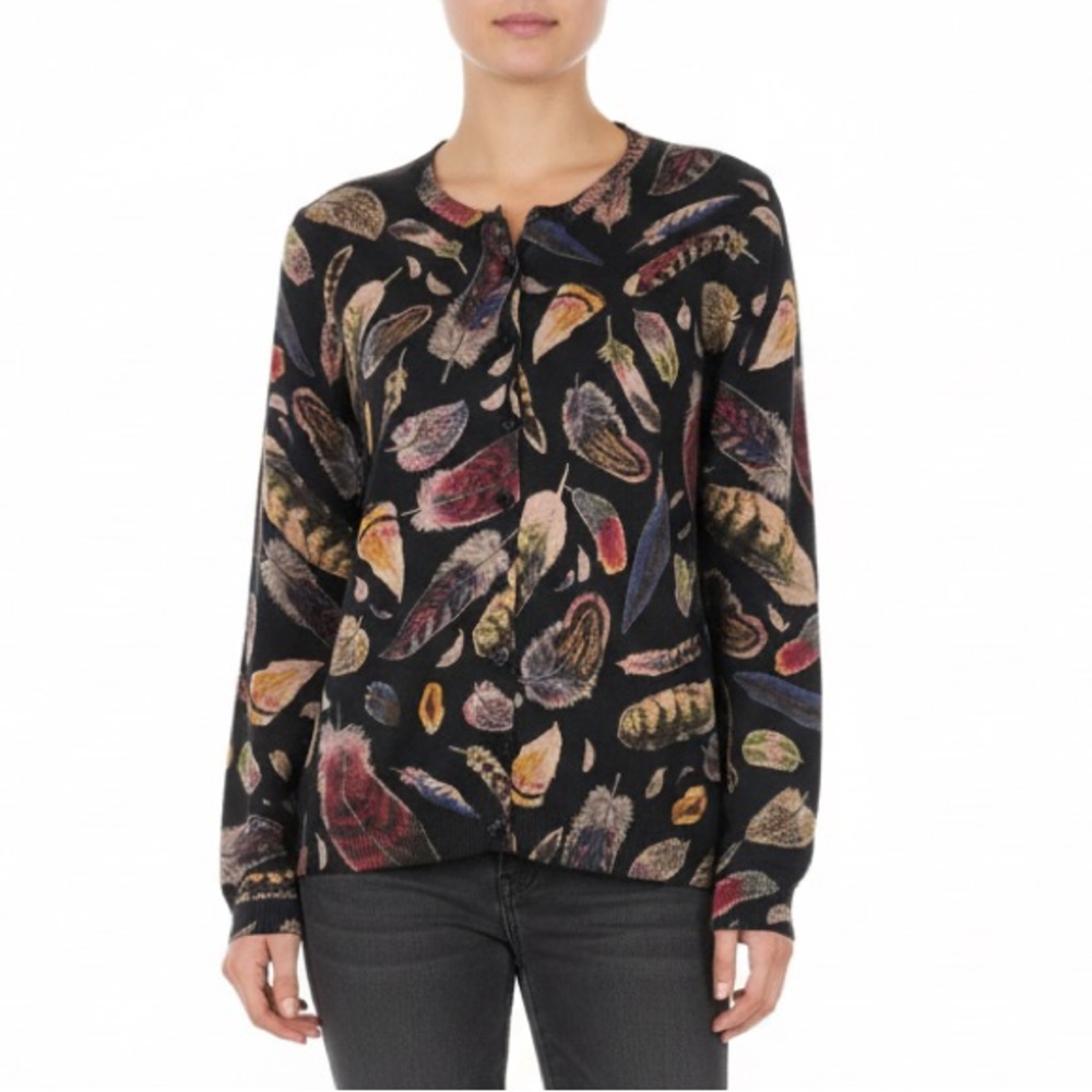 Liz Claiborne Multicolor Feather Print Silk Cardigan